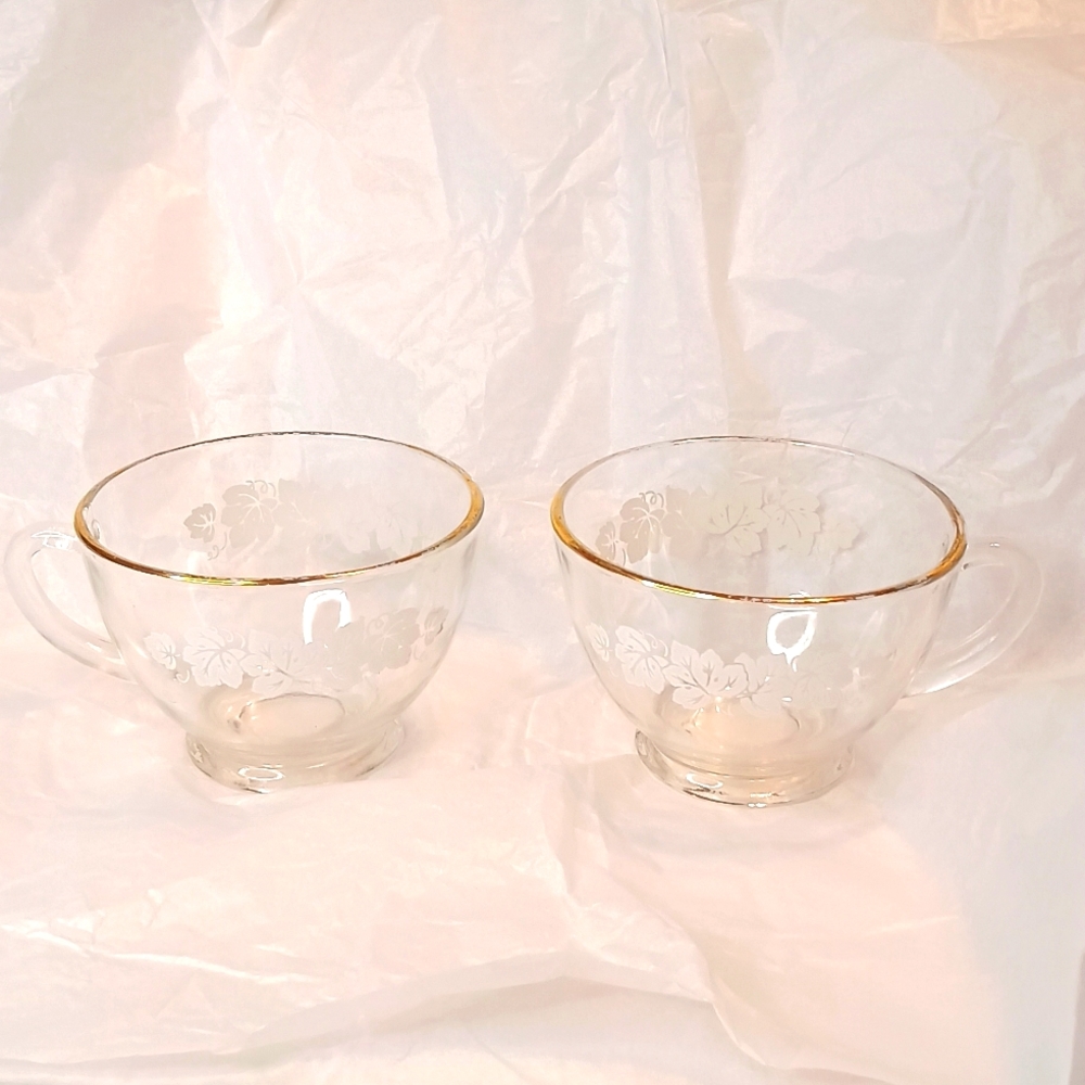 2 Small glass wedding or anniversary with white floral design gold trim vintage